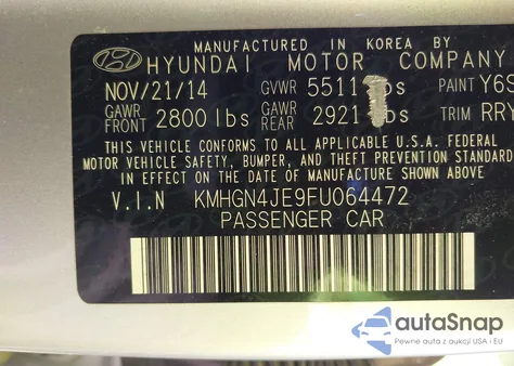 2015 Hyundai Genesis 3.8 from USA, damaged, VIN KMHGN4JE9FU064472
